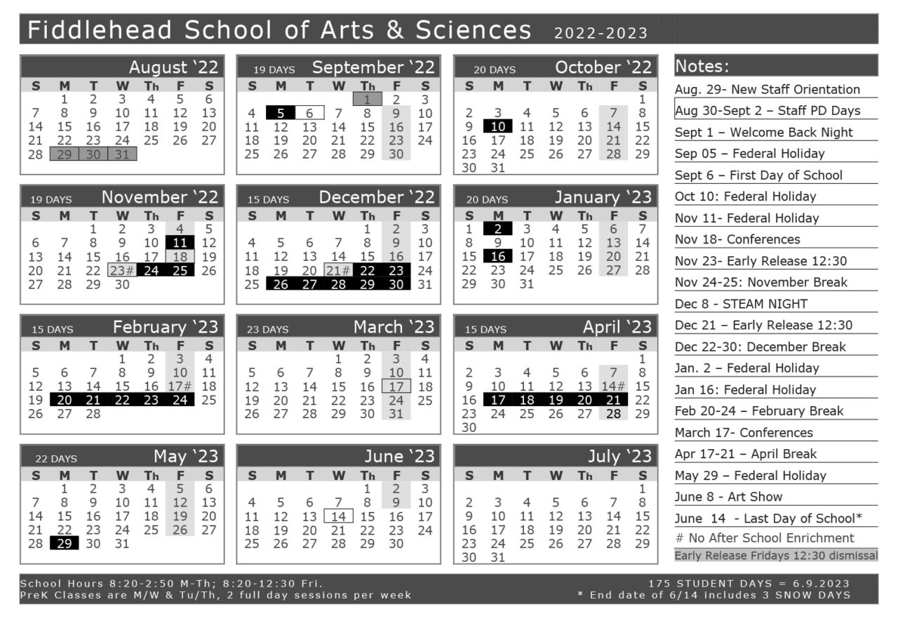 School Calendar - Fiddlehead School Of Arts & Sciences