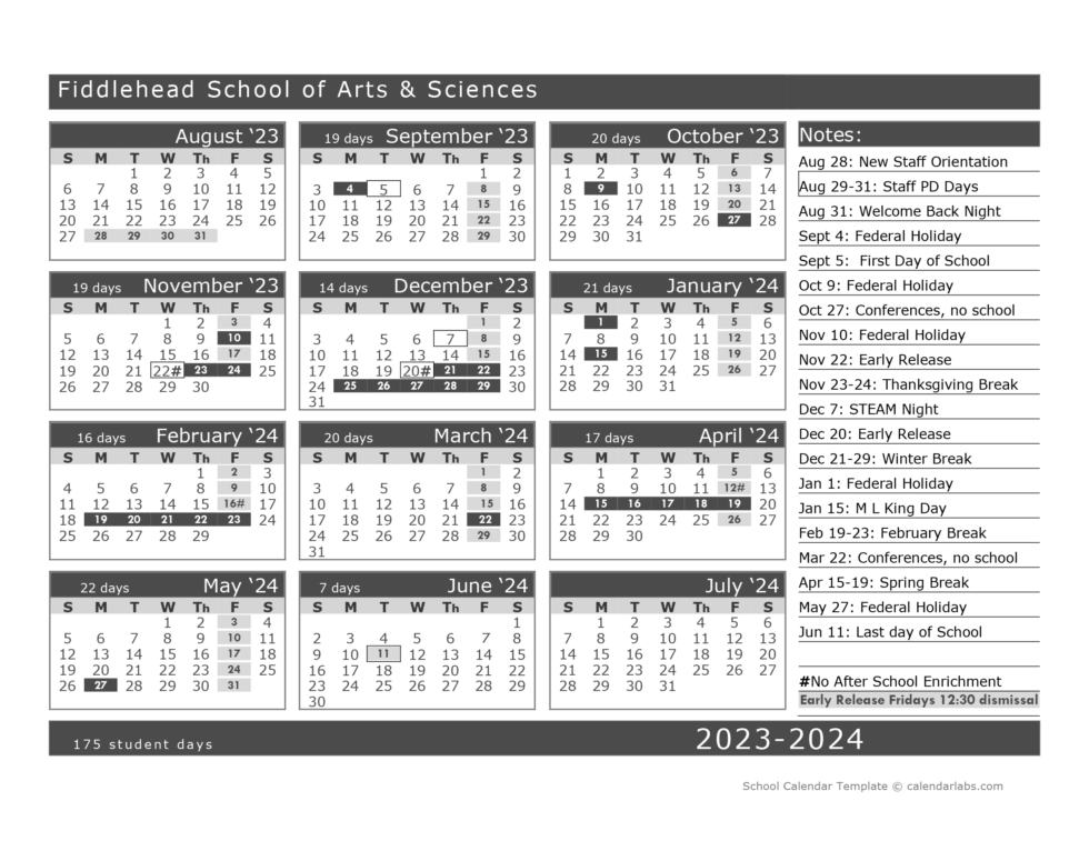 School Calendar - Fiddlehead School of Arts & Sciences